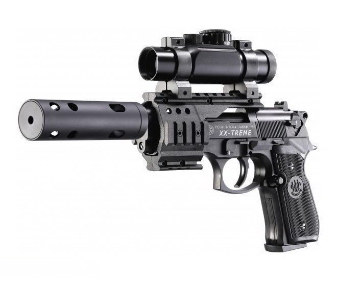 Пистолет Umarex пневм. Beretta M92 FS (глушитель, коллиматор, чёрн. с чёрн. пласт. накладками) (419.00.51/419.00.63)