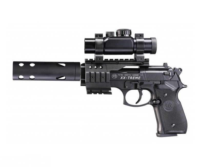 Пистолет Umarex пневм. Beretta M92 FS (глушитель, коллиматор, чёрн. с чёрн. пласт. накладками) (419.00.51/419.00.63)