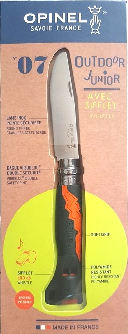 Нож Opinel серии Specialists Outdoor Junior №07, клинок 7см., нерж.сталь, рукоять пластик/резина, свисток, хакки/оранж (002151)