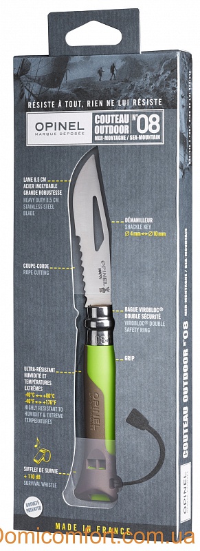 Нож Opinel серии Specialists Outdoor №08, клинок 8,5см., нерж.сталь, пластик, свисток+темляк, зеленый/серый (001715)