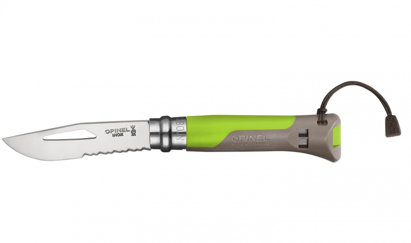 Нож Opinel серии Specialists Outdoor №08, клинок 8,5см., нерж.сталь, пластик, свисток+темляк, зеленый/серый (001715)