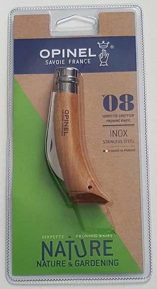 Нож Opinel серии Nature №08, садовый, клинок 8см., искривленный, нержавеющая сталь, рукоять - бук, блистер (000656)