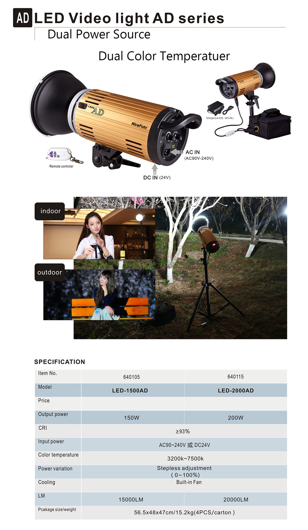 LED светодиодный осветитель NiceFoto FM-LED2000AD (мощность 200 Вт, bowens, 3200K-7500K)