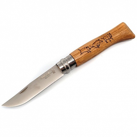 Нож Opinel серии Tradition Animalia №08, клинок 8,5см., нержавеющая сталь, рисунок - кабан, рукоять - дуб (001624)