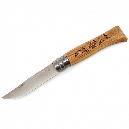 Нож Opinel серии Tradition Animalia №08, клинок 8,5см., нержавеющая сталь, рисунок - заяц, рукоять - дуб (001623)